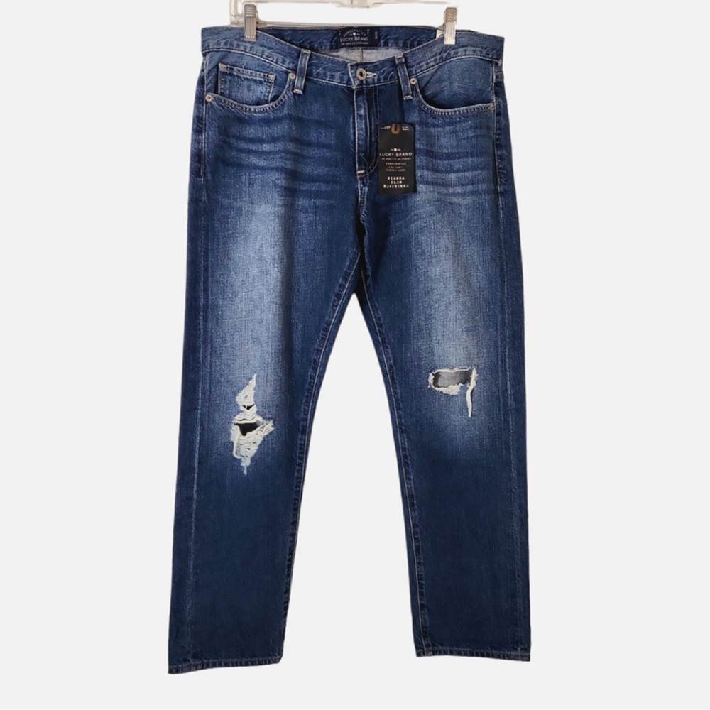 Lucky Brand Sienna Slim Boyfriend Jeans Sz 10/30 Blue Alamo Heights Destroyed
